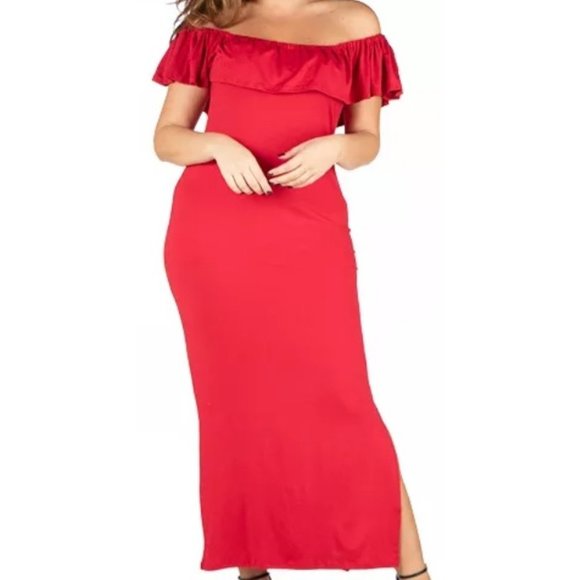 24SEVEN COMFORT APPAREL Women’s Plus Size Off The Shoulder Maxi Dress Red 1X NWT - Picture 1 of 3